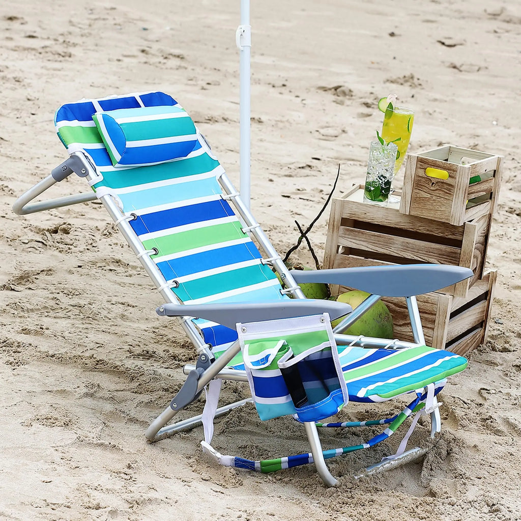 Backpack Beach Chair 2 Pack Folding Reclining Outdoor Lounge Chairs with Cup Holder 5 Position Adjustable 100x64x76cm