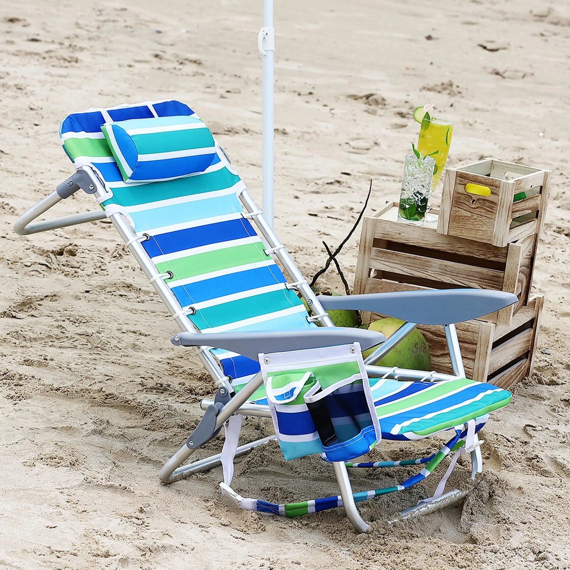 Backpack Beach Chair 2 Pack Folding Reclining Outdoor Lounge Chairs with Cup Holder 5 Position Adjustable 100x64x76cm