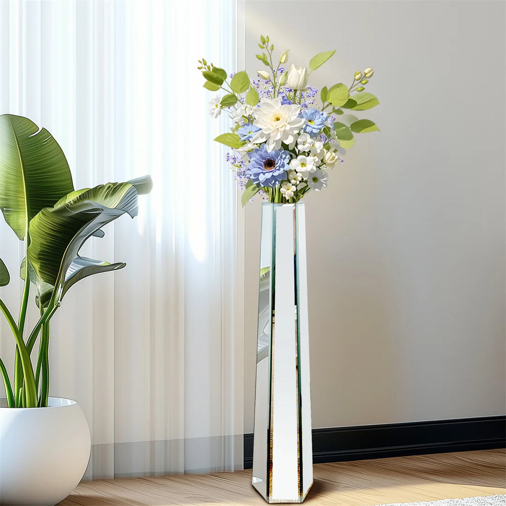 Floor Vase 30 Inch Mirrored Silver Decorative Flower Vase Silver 77x17.8cm