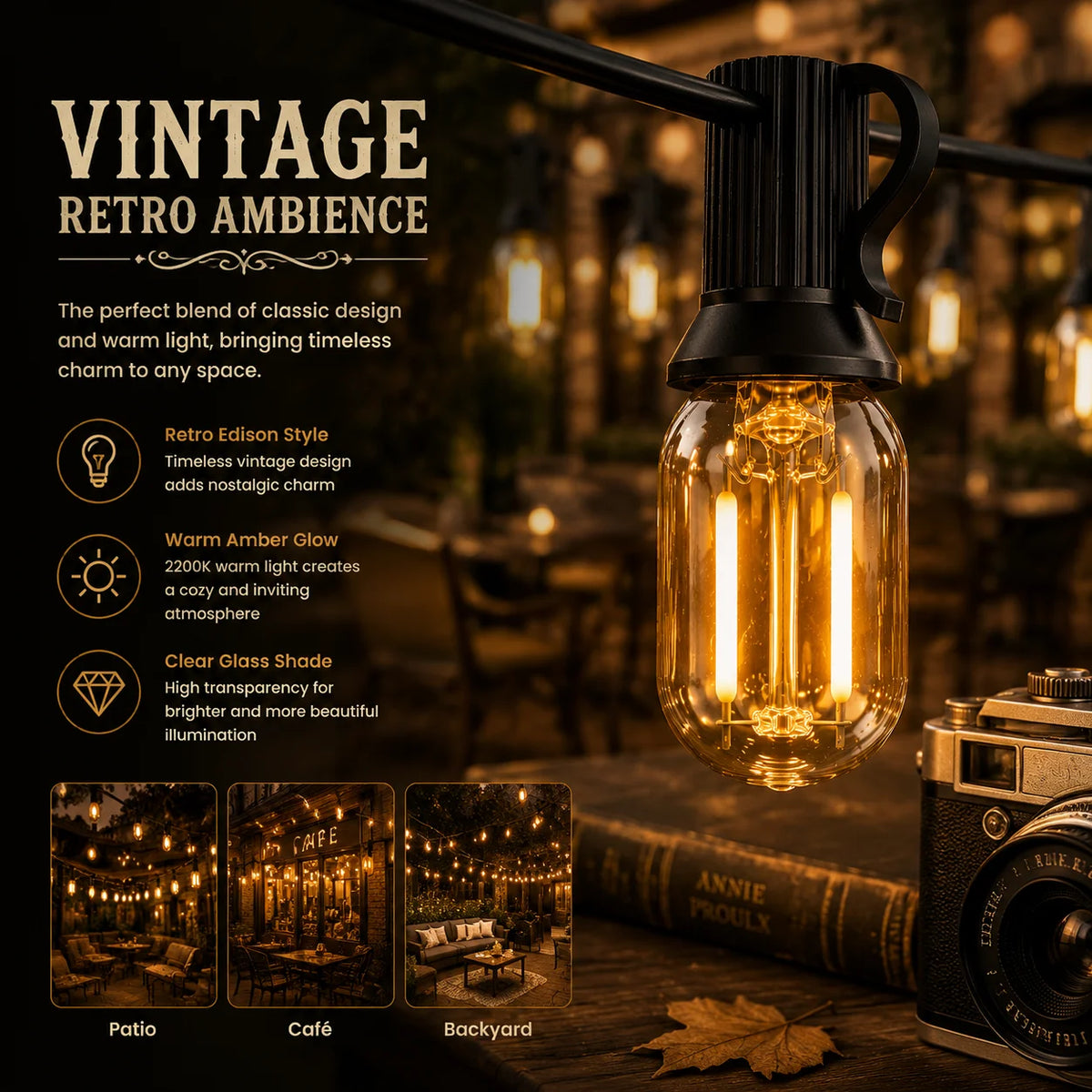 Outdoor Solar String Lights E12 Glass T22 Amber LED Retro Bulbs Waterproof Patio Garden Backyard Bistro 15m 25 Bulbs