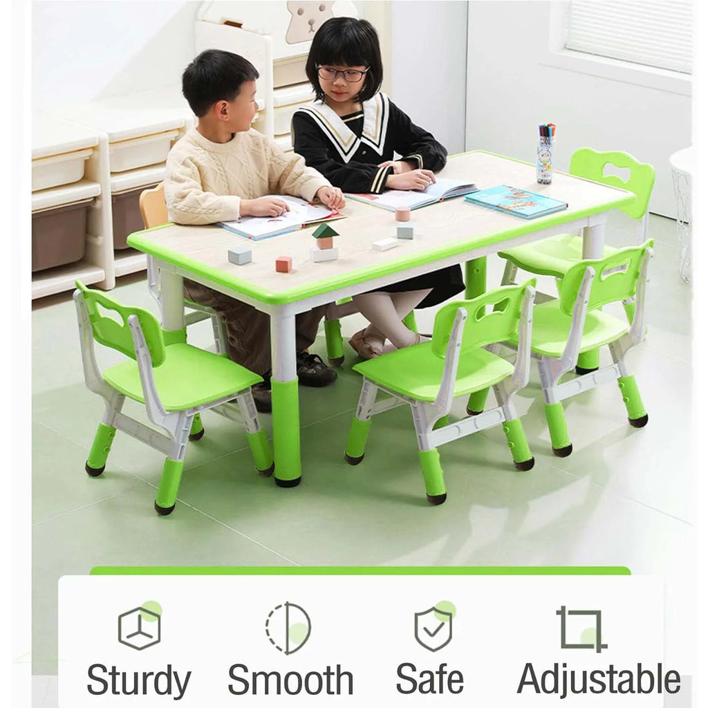 Activity Table and 6 Chairs Set Height Adjustable Study Desk with Graffiti Desktop Non Slip Legs Green 120x60x48-60cm