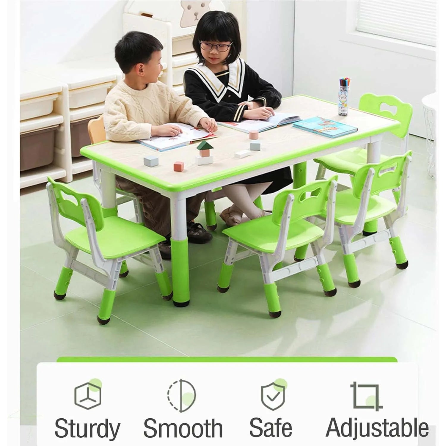Activity Table and 6 Chairs Set Height Adjustable Study Desk with Graffiti Desktop Non Slip Legs Green 120x60x48-60cm