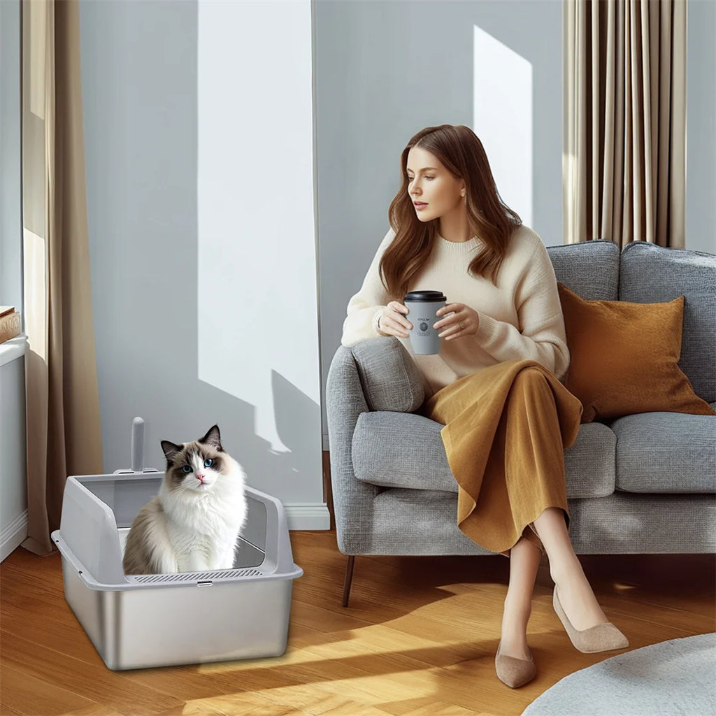 Stainless Steel Cat Litter Box Large Semi closed Metal Cat Litter Pan Tray with Spoon for Cats 59x33x29cm