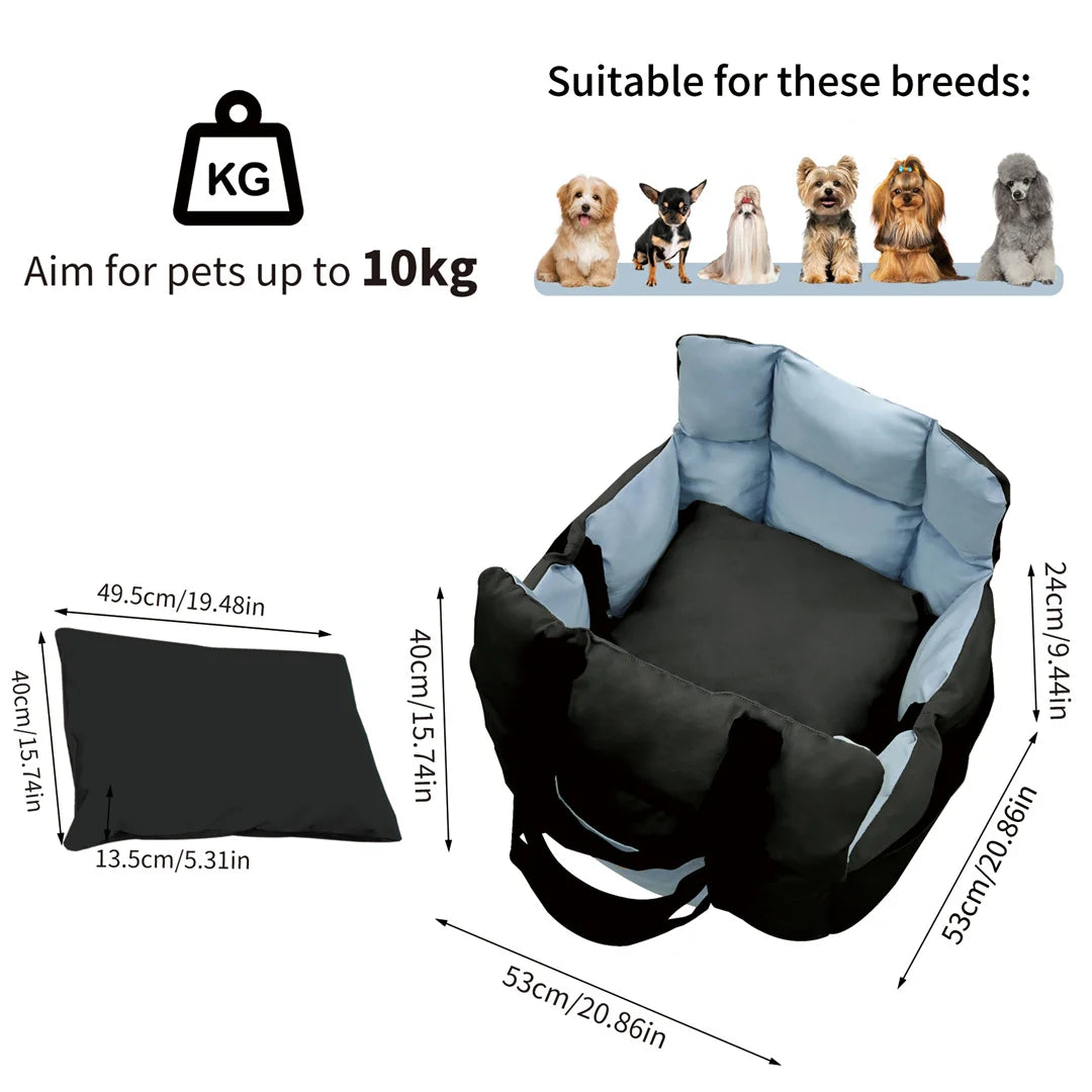 Portable Dog Booster Car Seat 53x53x42cm Travel Carrier Bed with Safety Belt Storage Pocket Foldable Pet Seat