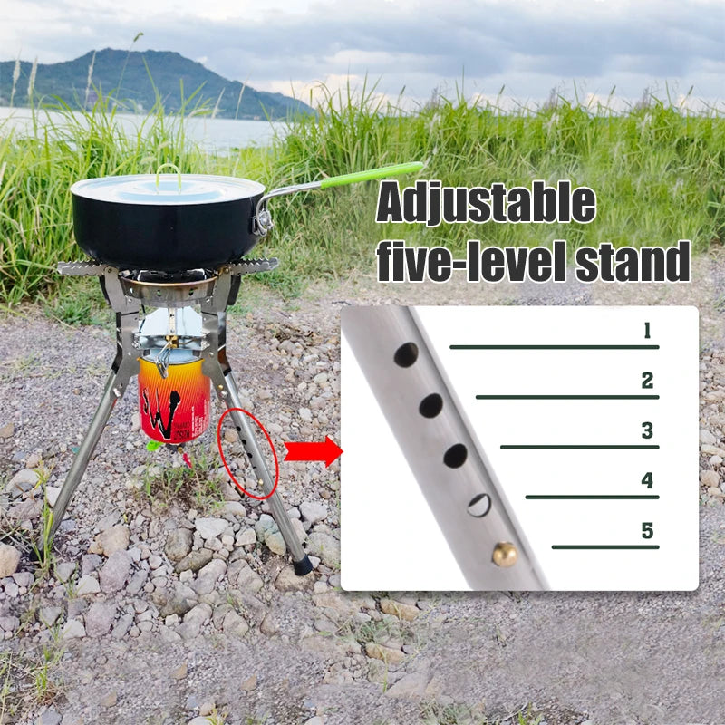 4360W High Power Outdoor Gas Stove Adjustable Height Foldable Camping Burner Windproof Cooker Silver 17 × 17cm