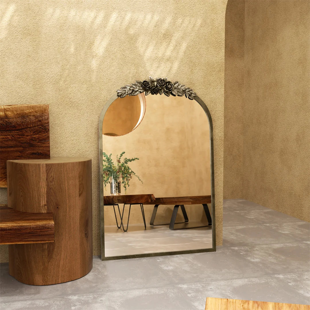Vintage Baroque Arch Wall Mirror 91.6x60.5cm Gold Metal Frame Resin Rose Pattern Decorative Mirror