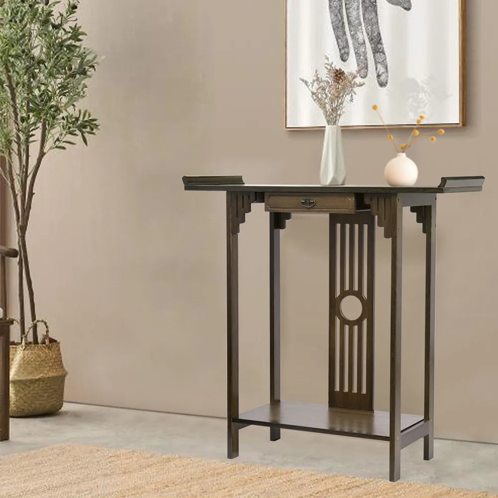 Wood Console Table 81.5x31.2x82.8cm with Drawer and Shelf Brown Entryway Hall Table Living Room
