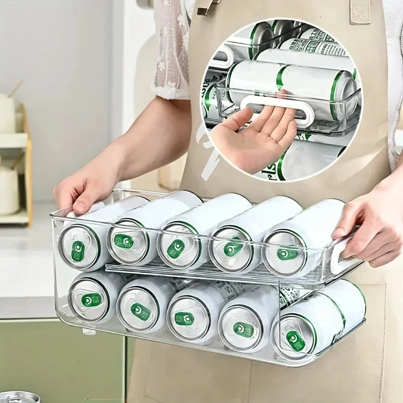 2 Tier Soda Can Dispenser Refrigerator Organizer Stackable Drink Storage Bin Clear Plastic Fridge Organizer Rack 35.5×19.2×15cm