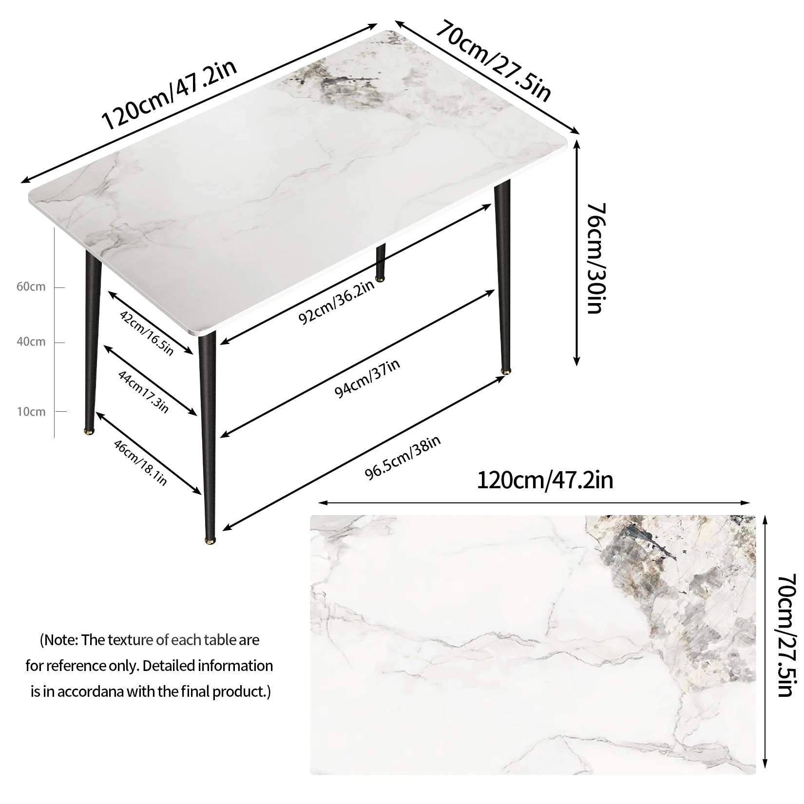 High Gloss Marble Dining Table 4-6 Seat Rectangular Kitchen and Restaurant Table White Emerald 120 × 70 × 76cm