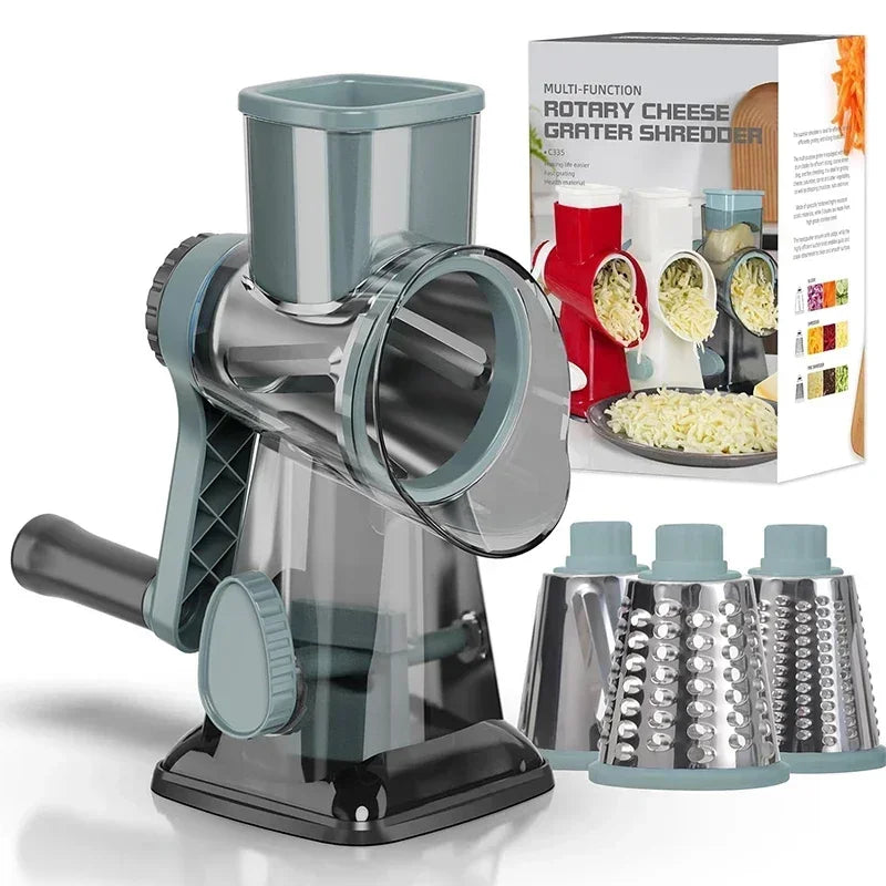 3-in-1 Rotary Cheese Grater Manual Vegetable Slicer Nut Grinder Multifunctional Kitchen Tool Clear 7.6×10.8×23.5cm