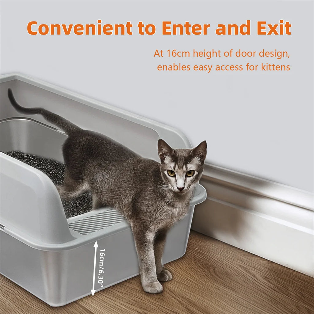 Stainless Steel Cat Litter Box Large Semi closed Metal Cat Litter Pan Tray with Spoon for Cats 59x33x29cm