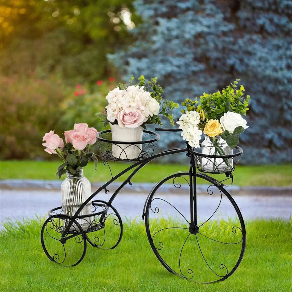 Plant Stand Outdoor Plant Holder Weather Resistant Flower Pot Stand 3 Tier Bicycle Design 79.5x52cm Black