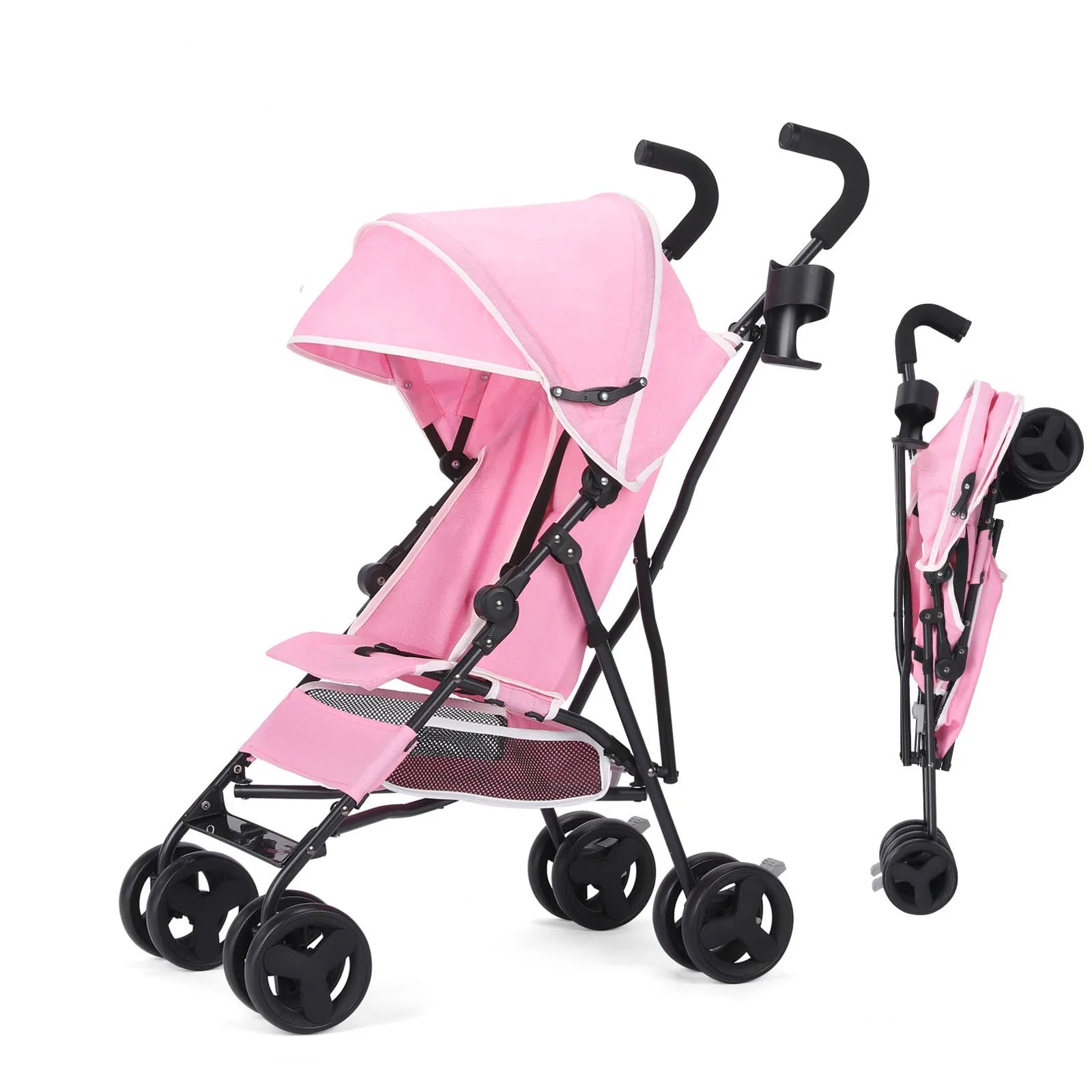 Travel Stroller Lightweight Foldable Portable Pushchair with Reclining Seat, Storage Basket and Canopy Pink