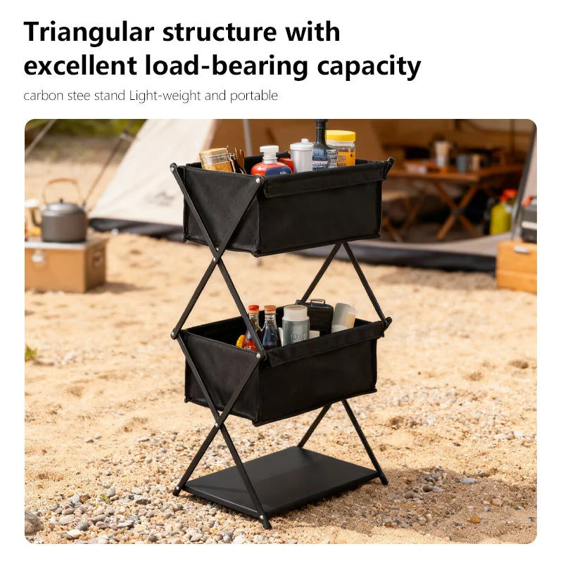 3 Layer Folding Camping Storage Rack Outdoor BBQ Shelf Multifunctional Portable Organiser Stand Black 31 × 42 × 79cm