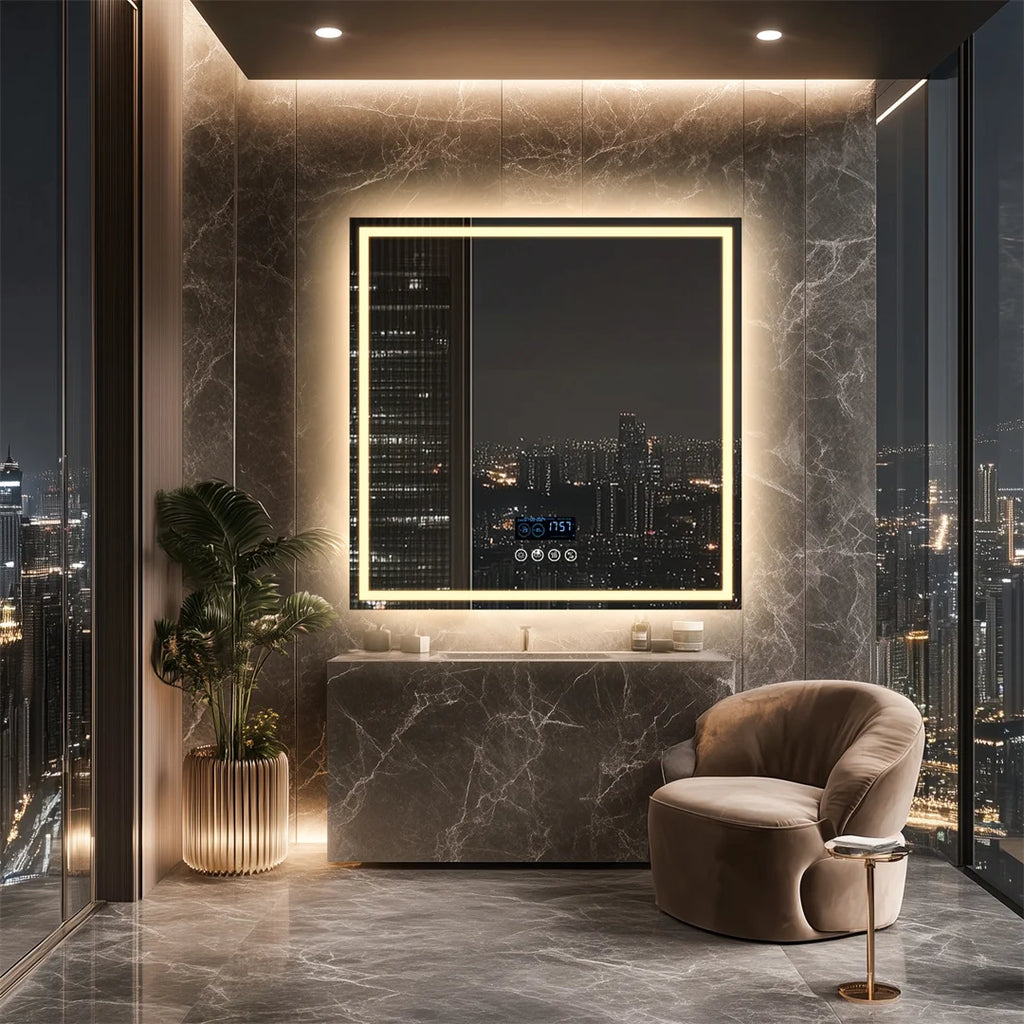 Bathroom Mirror 32 Inch Square LED Bluetooth Speaker Vanity Mirror 80x80cm