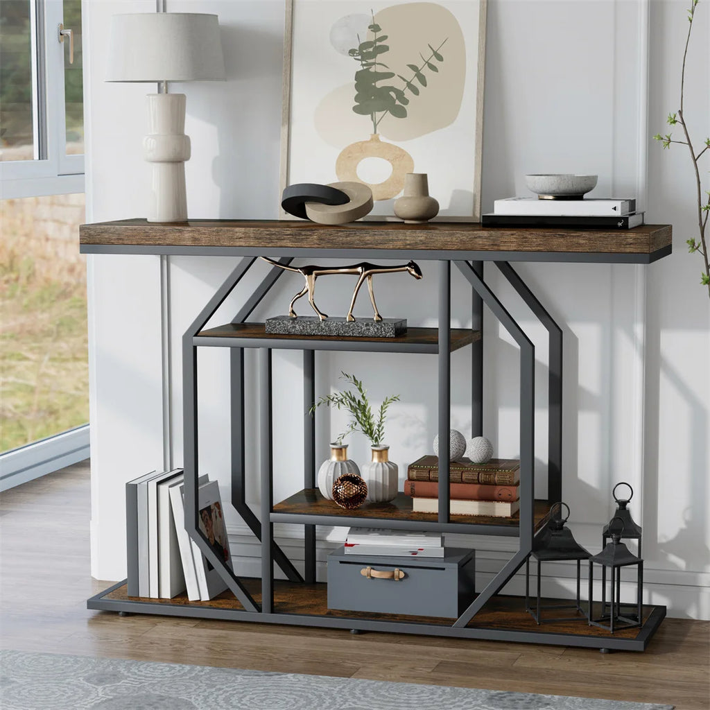 Console Table with Storage Shelf Entryway Sofa Table Narrow Hall Table Modern Living Room Furniture Design Rustic Brown 120x30x81.5cm