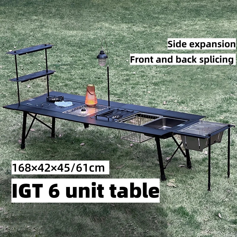 IGT 6 Unit Camping Table Aluminium Alloy Portable Folding BBQ Picnic Desk Outdoor Ultralight Table Black 168 × 42 × 61cm