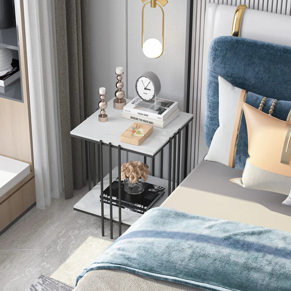 2 Tier Square Side Table 44.5x44.5x55.5cm Marble Top Black Metal Frame Living Room Coffee Table