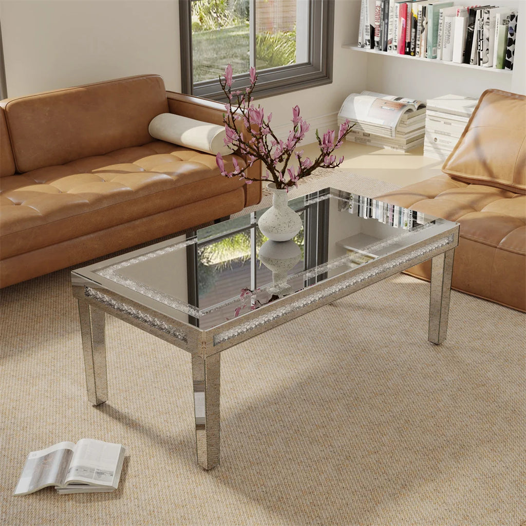 Coffee Table Mirrored Rectangular Crystal Inlay Living Room Table Silver 120x60x45cm