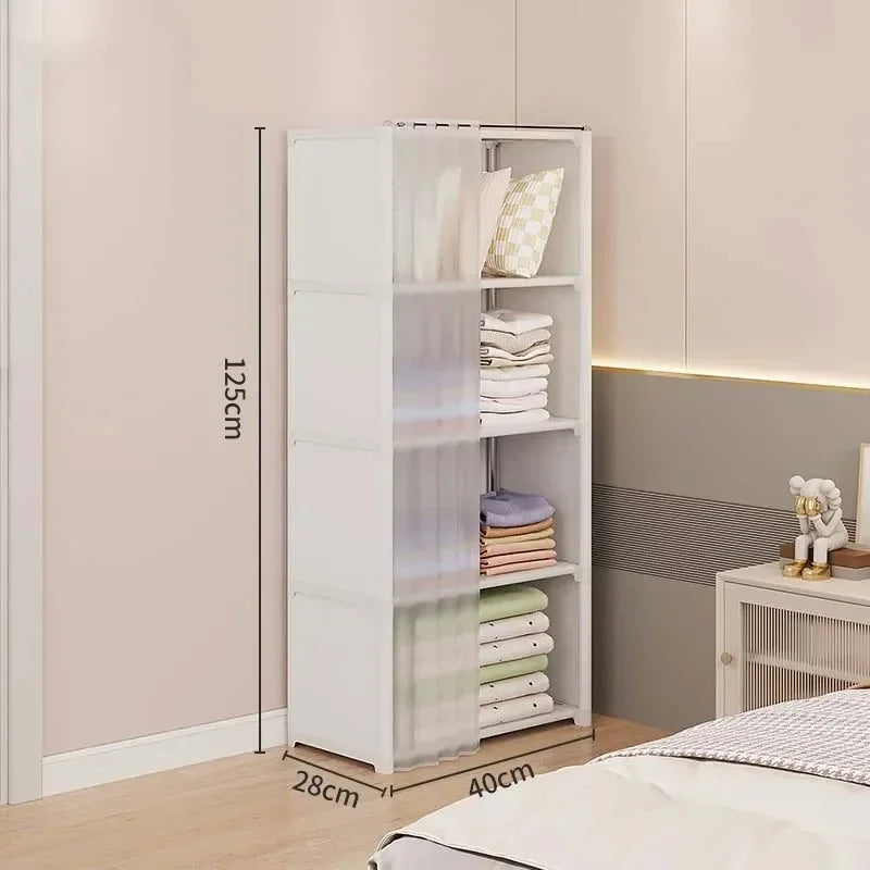5 Layer Portable Clothes Storage Rack Wardrobe Organizer Cabinet Dustproof Closet with Curtains Multifunctional White