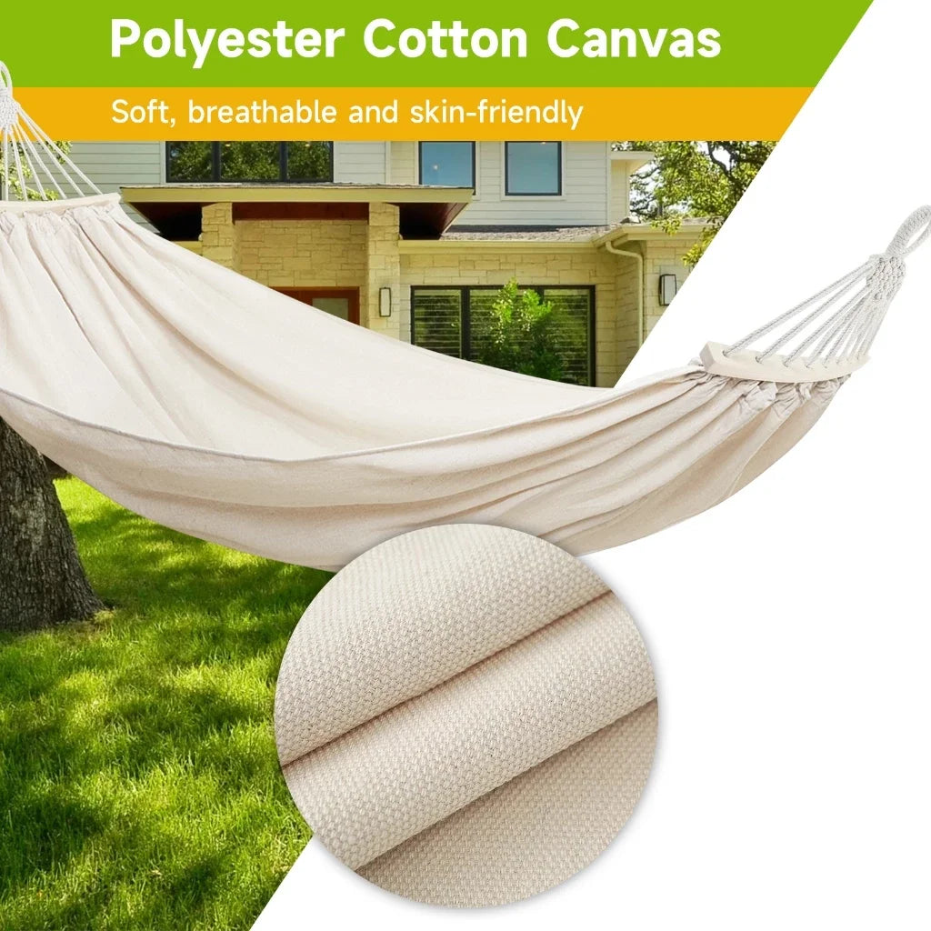 Canvas Two-Person Hammock Chair Swing with Ropes and Storage Bag, Beige, 205 x 150 cm