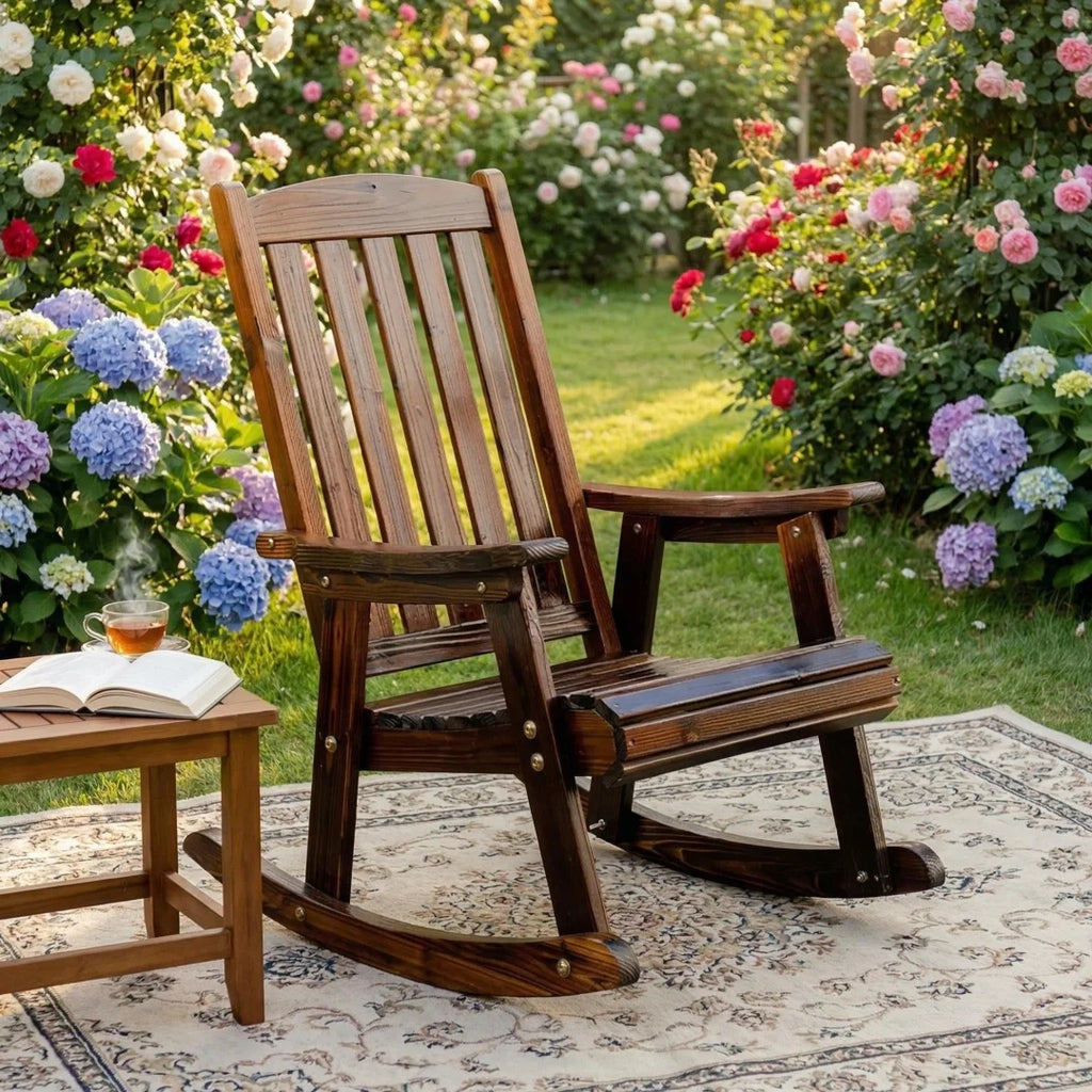 Solid Wood Rocking Chair Outdoor Patio Recliner Weather Resistant Lounge Chair for Garden Porch Balcony Carbonized 65 × 55 × 100cm