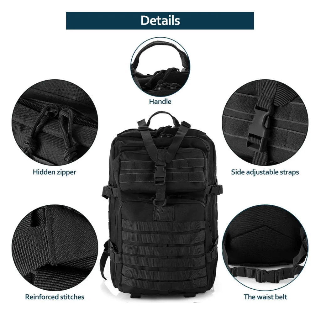 50L Waterproof Tactical Outdoor Backpack Nylon Hiking Camping Trekking Sports Fishing Hunting Rucksack Black 32 × 28 × 48cm