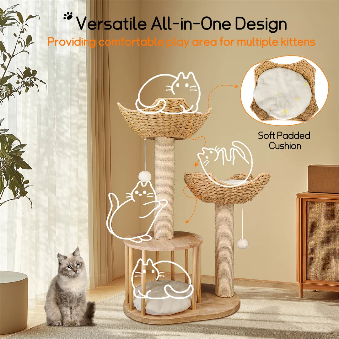 3 Tier Cat Climbing Tree 60x40x99cm Indoor Activity Tower with Scratching Post Wood White Cat Furniture