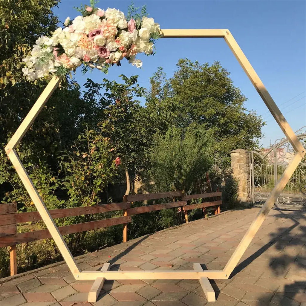 Wedding Arch Frame Hexagon Stand Natural Wood Heavy Duty Ceremony and Photo Backdrop Natural 245x210cm