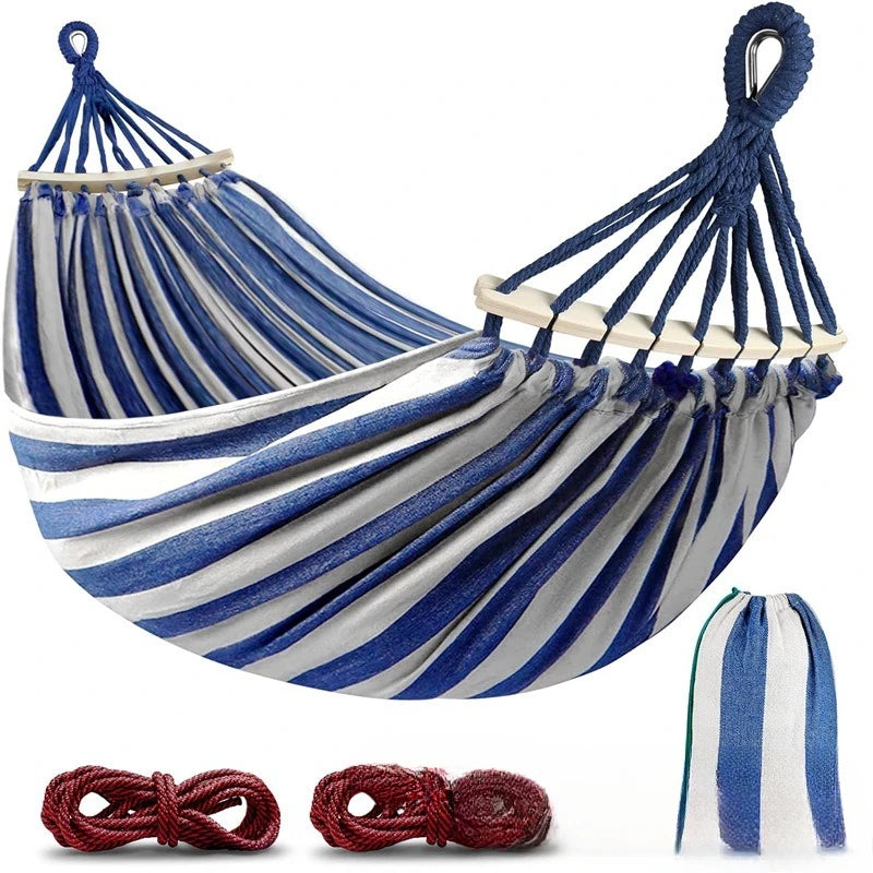 Canvas Double Camping Hammock with Curved Wooden Poles Blue 220 x 150 cm