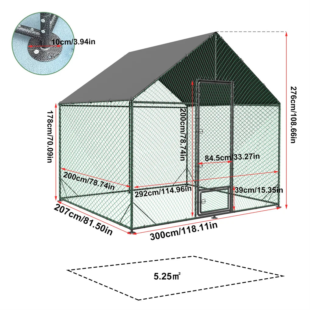 Metal Chicken Coop 300x207x276cm Outdoor Poultry Cage with Waterproof Cover Heavy Duty Duck Run Enclosure