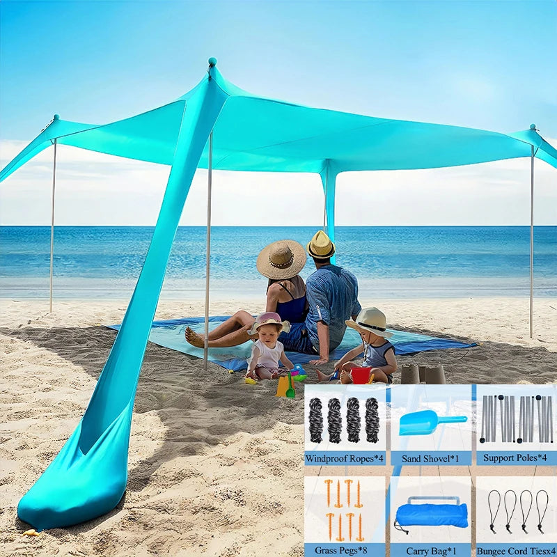 Blue Beach Tent Sun Shelter Beach Canopy Sun shelter With 4 Sandbags Portable Easy-Setup Canopy 3x3m
