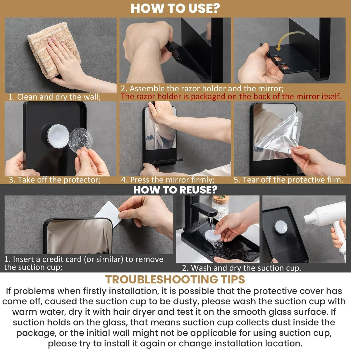 Fogless Shower Mirror for Shaving with Razor Holder Suction Wall Mounted Rust Proof Removable Bathroom Mirror