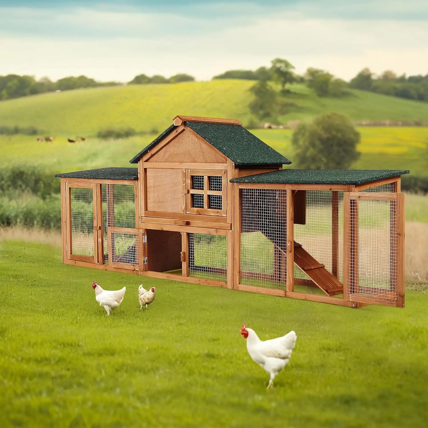 Rabbit Hutch Chook Run Bunny Hutch Rabbit Cage 210cm For Bunny & Chicken Weatherproof With Side Runs, Tray & Ramps Brown and Green