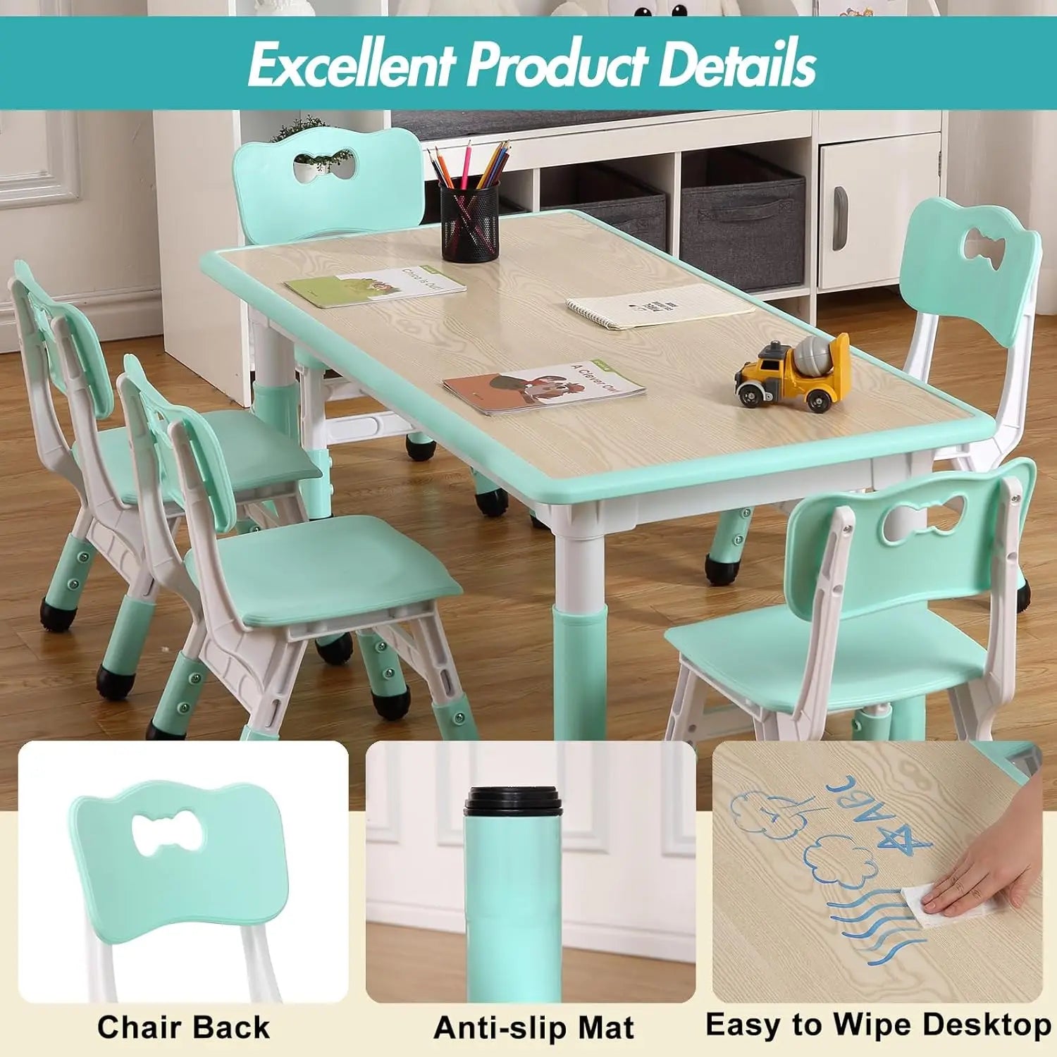 Activity Table and 6 Chairs Set Height Adjustable Study Desk with Graffiti Desktop Non Slip Legs Mint Green White