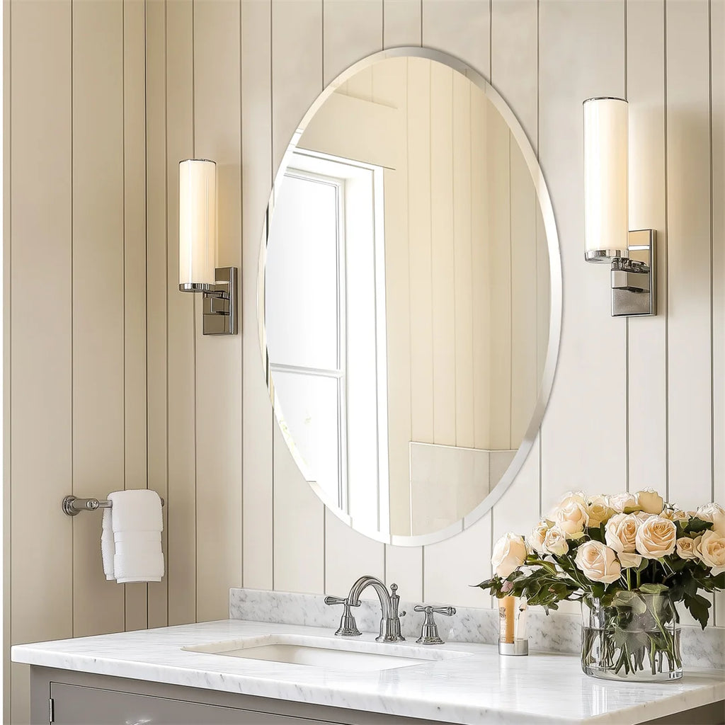Frameless Oval Wall Mirror 60x80cm Silver Beveled Edge Vanity Mirror Decorative Home Wall Mirror