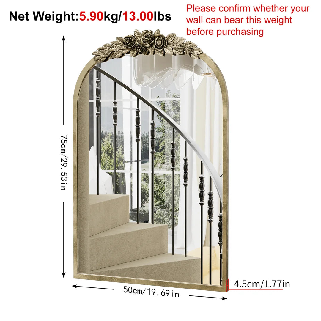 Vintage Baroque Arch Wall Mirror 75x50cm Gold Metal Frame Resin Rose Pattern Decorative Mirror