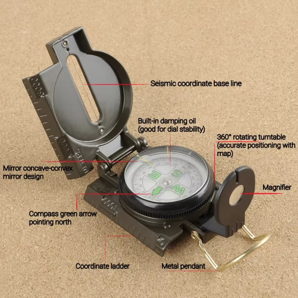 Waterproof High Precision Compass Outdoor Navigation Tool Hiking Mountaineering Military Style Metal Sight Compass 6.2×5.7×7.2cm