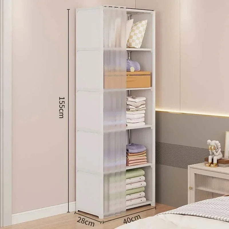 6 Layer Portable Clothes Storage Rack Wardrobe Organizer Cabinet Dustproof Closet with Curtains Multifunctional White