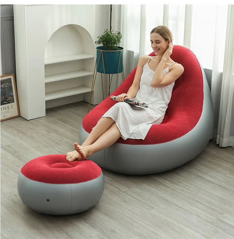 Inflatable Lazy Sofa Chair Red PVC Flocking Foldable Outdoor Lounge