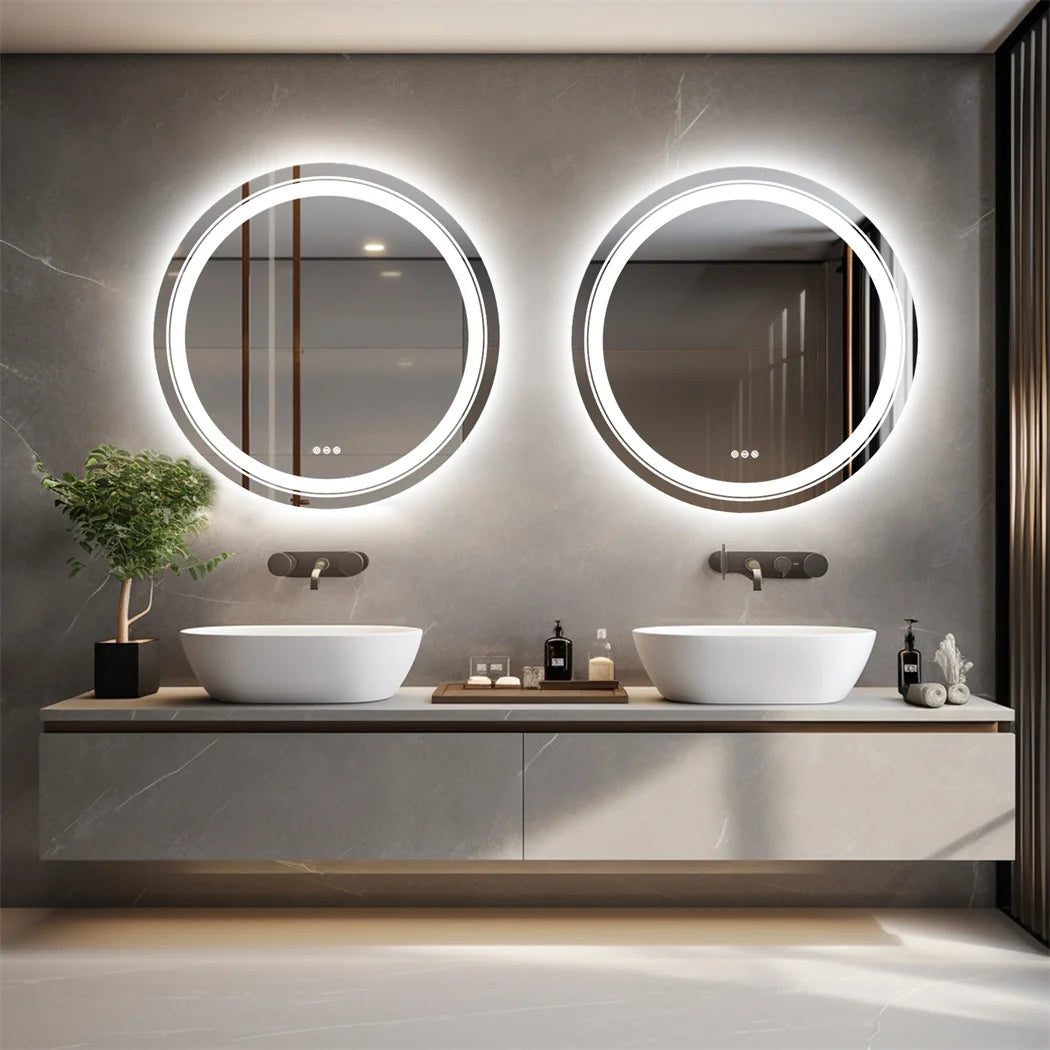 60 cm LED Bathroom Mirror Round Touch Screen Waterproof Anti Fog Vanity Mirror Wall Mounted for Wash Basin Shower Grooming