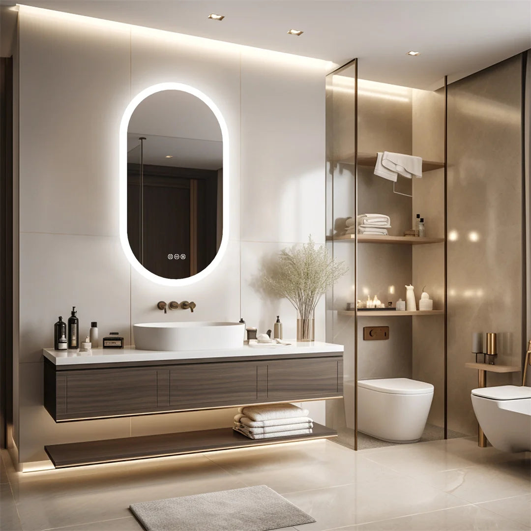 LED Bathroom Mirror Round Touch Screen Waterproof Anti Fog Vanity Mirror Wall Mounted for Wash Basin Shower Grooming 100x50cm