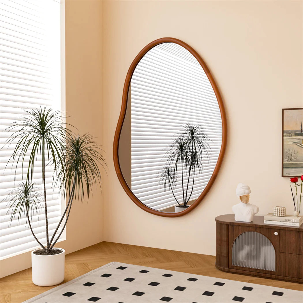 Asymmetrical Wall Mirror 74.3x110cm Wood Frame Irregular Mid Century Dressing Mirror Brown