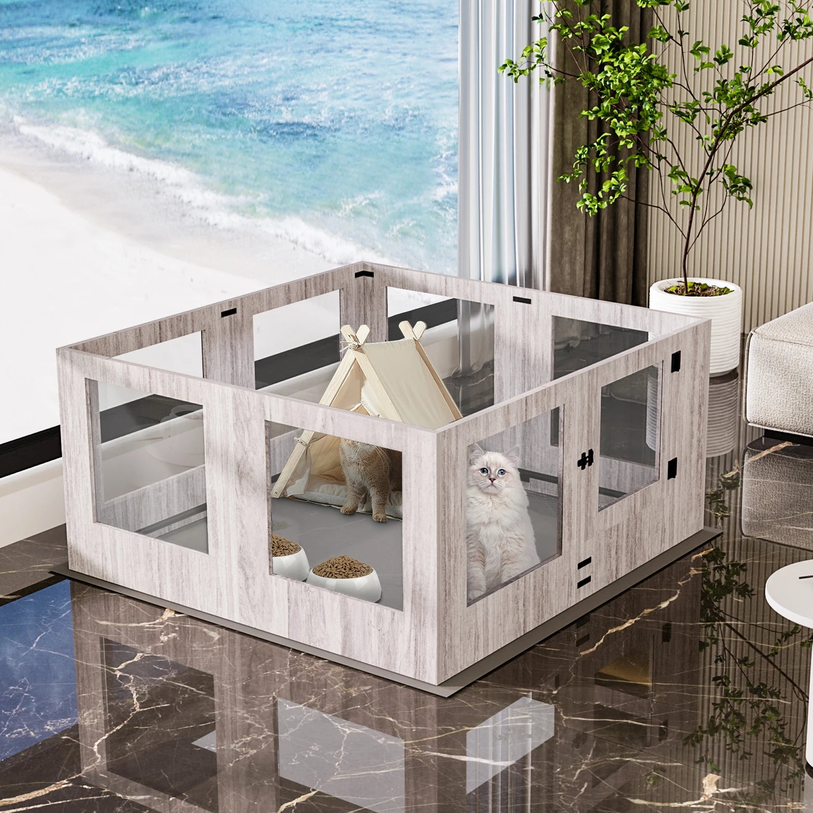 Tempered Glass Pet Playpen 8 Panel Indoor Puppy Exercise Pen with Waterproof Pad Light Grey 120x118.6x60cm
