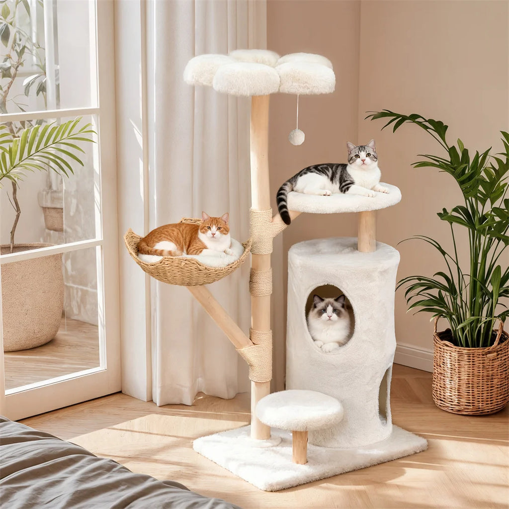 Indoor Cat Tower Tree 56 Tall Multi Level Vertical Cat Tree Activity Tower for Multi cat Households Cat White 76.5x142cm