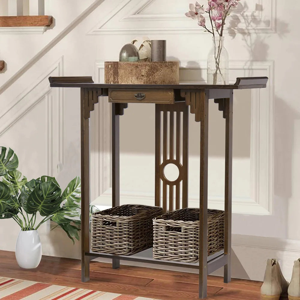 Wood Console Table 81.5x31.2x82.8cm with Drawer and Shelf Brown Entryway Hall Table Living Room