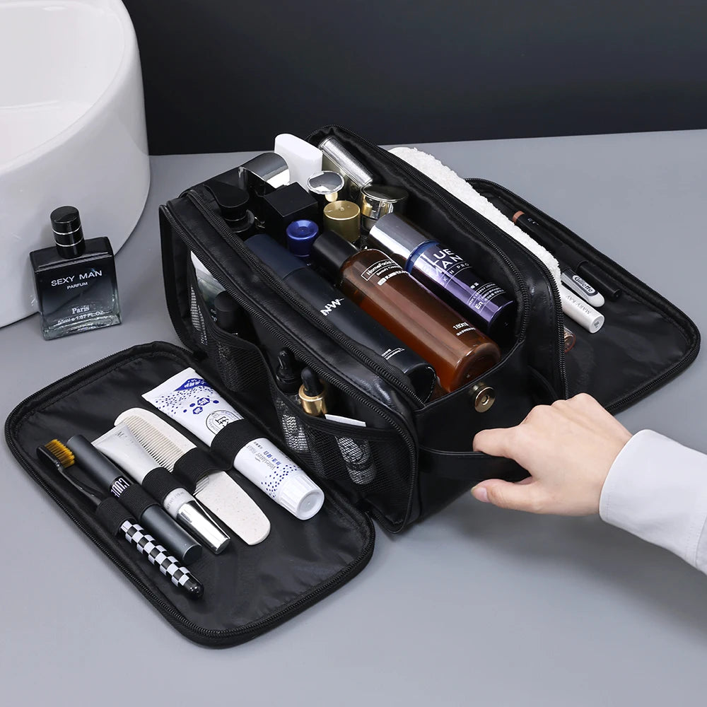 Multi Pocket PU Toiletry Bag Waterproof Hanging Travel Cosmetic Makeup Organizer Wash Storage Pouch Women Men Black