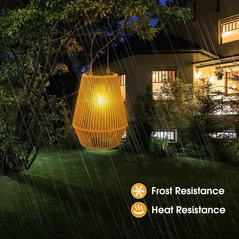 Outdoor Solar Boho Rattan Hanging Lantern Waterproof LED Wicker Lamp 21x16x32cm