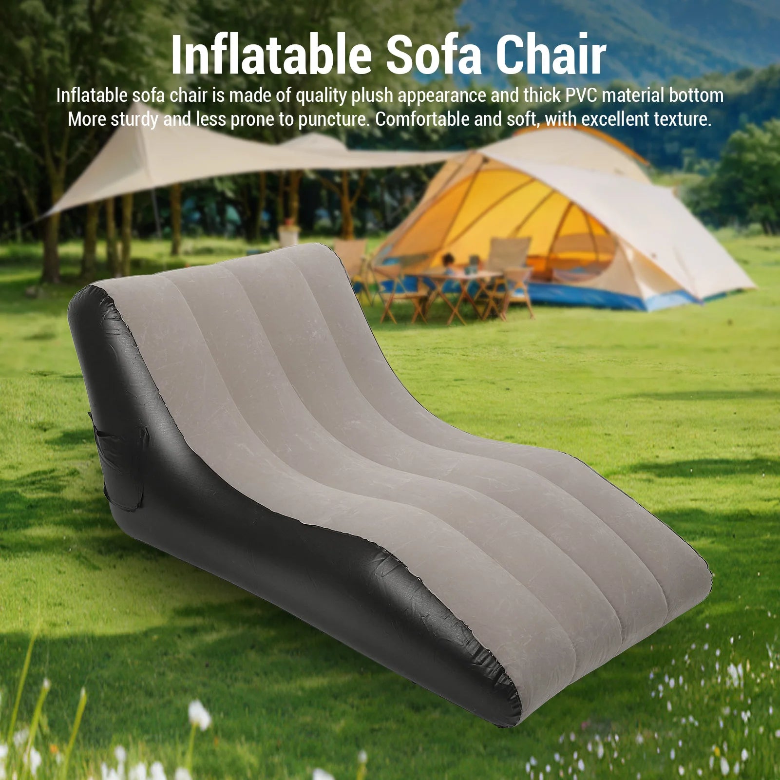 Inflatable Sofa Chair PVC Flocked Portable Blow Up Couch for Indoor Outdoor Living Room Camping Travel Use brown 138x78x66cm