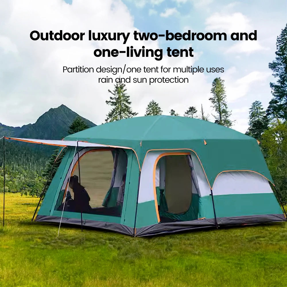4 Season Camping Tent 430x300x200cm Waterproof Windproof Family Tent Double Layer 2 Room Shelter Green 3-5 Person